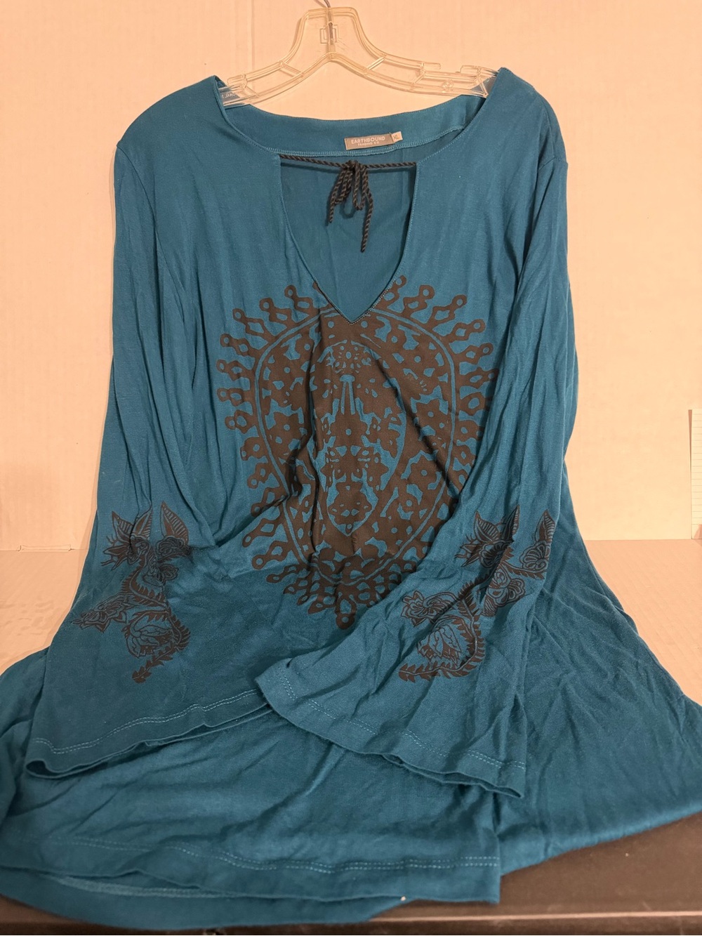 EARTHBOUND Teal Blue Long-Sleeve Boho Print Tunic